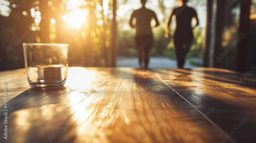 Poster a serene shot of a wooden table with a blurred image of a couple jogging in the morning, symbolizing