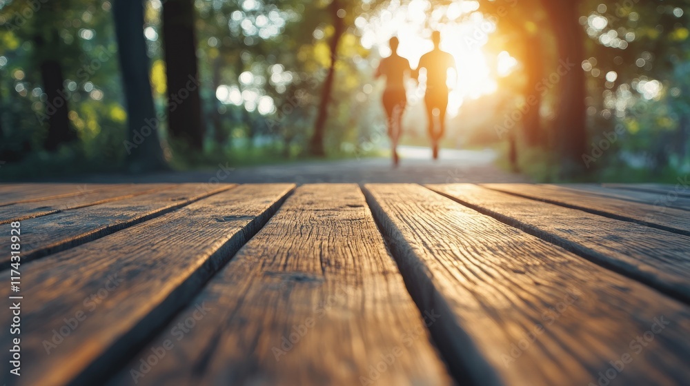 Poster a serene shot of a wooden table with a blurred image of a couple jogging in the morning, symbolizing