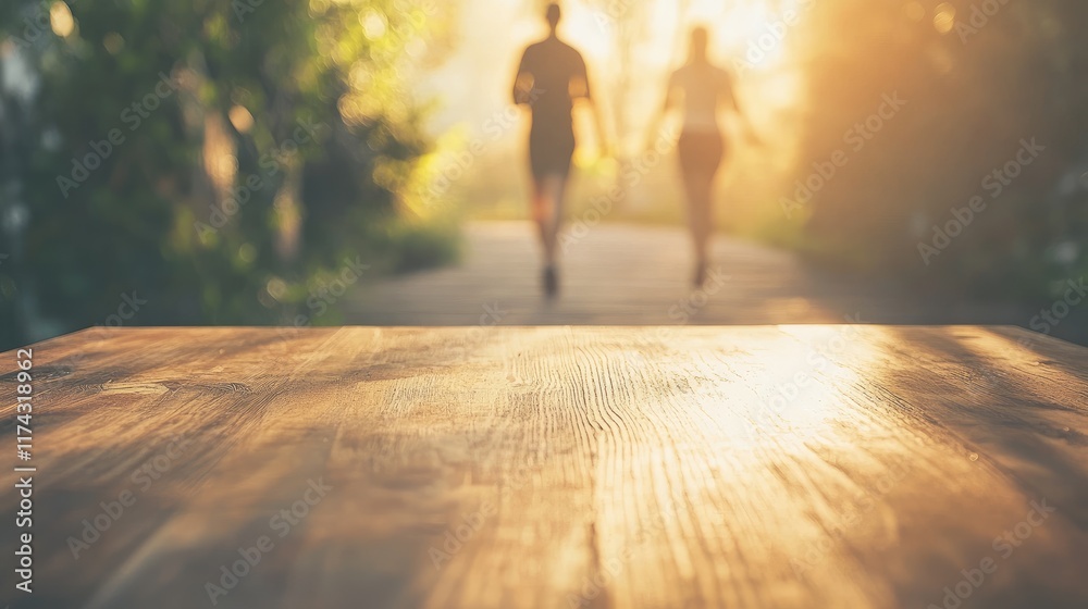 Poster a serene shot of a wooden table with a blurred image of a couple jogging in the morning, symbolizing