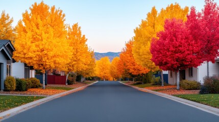 Naklejka premium Autumn suburban street with vibrant orange and red trees