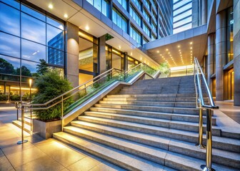 Fototapeta premium Modern Office Building Entrance - Granite Stairway, Stainless Steel Railing