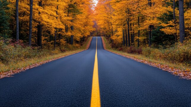 Scenic autumn road through vibrant forest with golden foliage