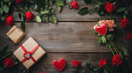 Fundo rom&acirc;ntico e r&uacute;stico para o Dia dos Namorados com flores e caixa de presentes