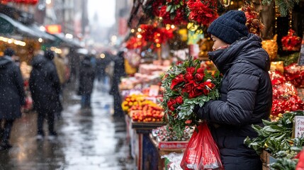 Woman browsing red poinsettia bouquet at snowy Christmas market.