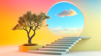 Dreamy pastel staircase leading to a circular portal, featuring a serene tree and vibrant sky with clouds, evoking feelings of calm and imagination.