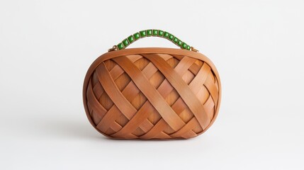 Elegant wooden handbag with intricate woven pattern and green handle