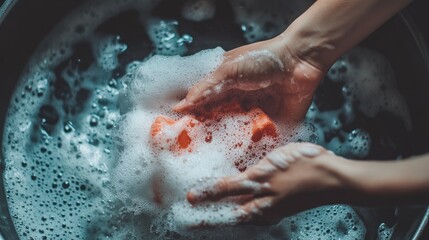 A person cleaning a stubborn stain on a pot with a scrubbing pad