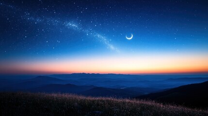 Fototapeta premium A breathtaking vista of a twilight mountain range under a star-studded sky with a crescent moon. Perfect for nature lovers and adventurous souls.