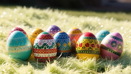 Vibrant easter eggs displayed on soft pastel grass easter day celebration of renewal and tradition