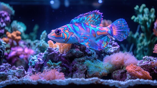 Vibrant mandarin dragonet in colorful coral reef aquarium setting