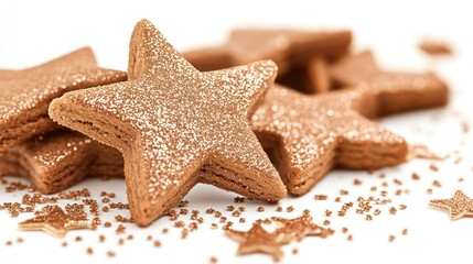 Golden glitter-dusted star-shaped cookies perfect for Christmas or special occasions. Use for website banners, social media posts, or holiday-themed designs.