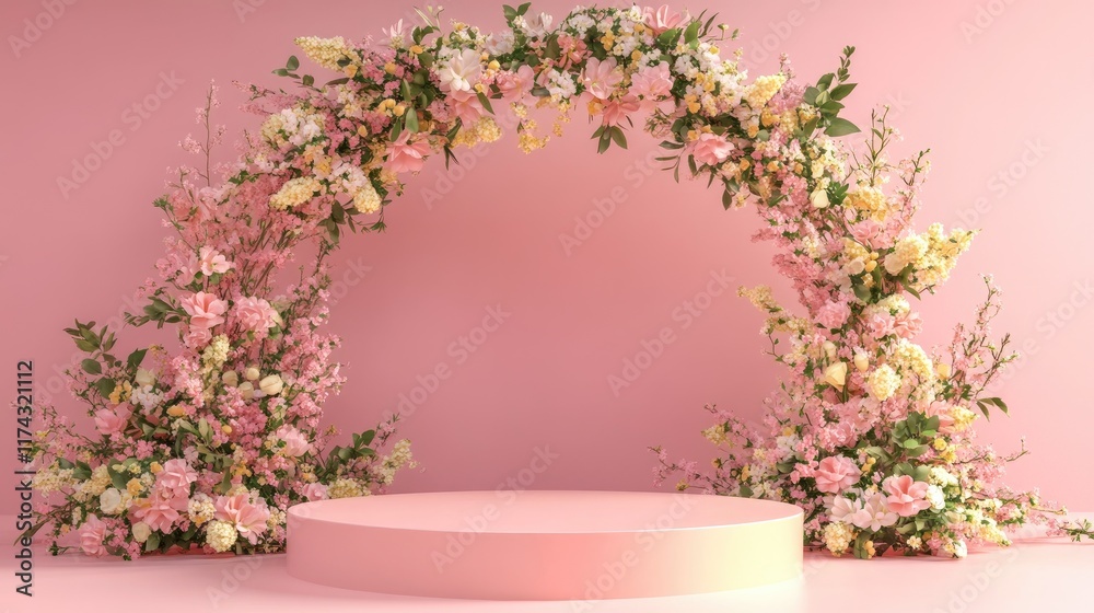 Poster a vibrant 3d rendering of a pink podium with a pastel floral arch in the background, adorned with de