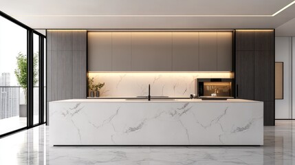 Empty white marble counter top table modern kitchen for display over bright luxury room background