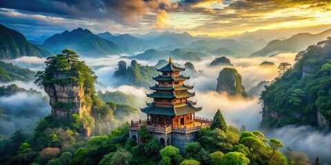 Naklejka premium Mystical Ancient Temple, Epic Landscape, Photorealistic Architecture