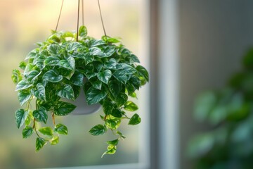 Lush hanging ivy plant by sunlit window in tranquil indoor space