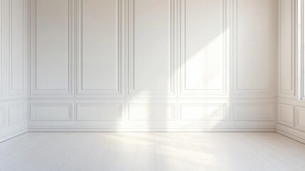 Empty white panelling wall background, classical design, with light colored floors. Mock up