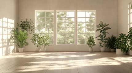 Empty white room with a wooden floor and plants.
