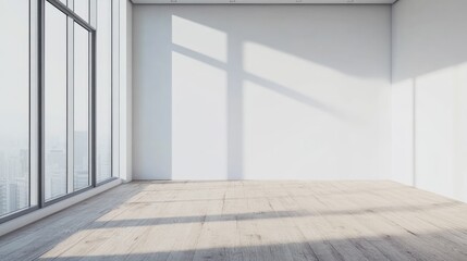 Obraz premium Empty white room with white wall, wooden floor and big window. Studio or office blank space. Empty template for interior product. Background for branding design showcase with copy space