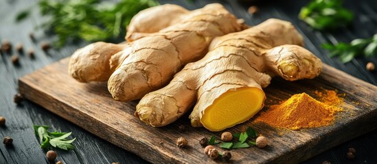 Fresh ginger root with turmeric powder on a wooden cutting board.