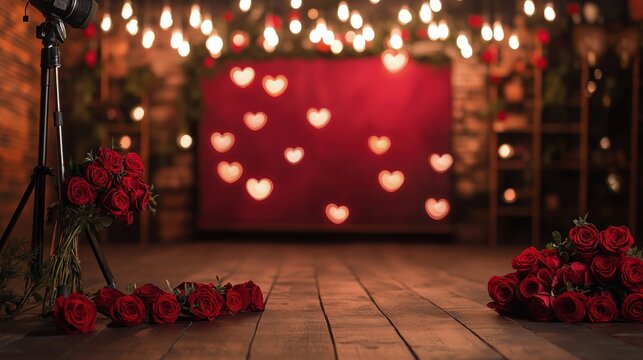 Cen&aacute;rio rom&acirc;ntico e inspirador para fotos do Dia dos Namorados. Luzes suaves, c&acirc;mera pronta para capturar momentos especiais e um buqu&ecirc; de rosas criam um ambiente perfeito para ensaios fotogr&aacute;ficos