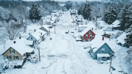 Naklejka premium An extreme snowstorm disaster leaves a rural town crippled, homes buried, roads impassable, and emergency responders overwhelmed