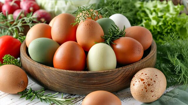Fresh Organic Eggs in Brown, Green, and White Colors Arranged in Rustic Wooden Bowl Surrounded by Vibrant Vegetables and Herbs for Healthy Spring Celebration