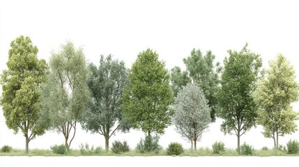 Realistic 3D render of a diverse group of deciduous trees with lush foliage. Perfect for architectural visualization landscaping or environmental projects.