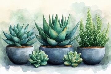 A watercolor illustration of various succulent plants in decorative pots.