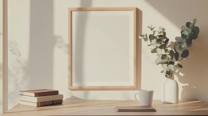 Fototapeta premium Empty wooden picture frame, poster mockup hanging on beige wall background. Vase with green eucalyptus tree branches on table. Cup of coffee, books. Working space, home office