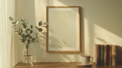 Empty wooden picture frame, poster mockup hanging on beige wall background. Vase with green eucalyptus tree branches on table. Cup of coffee, books. Working space, home office