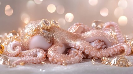 Naklejka premium Luxurious glittering octopus adorned with pearls in a sparkling ocean setting
