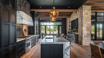 Modern farmhouse kitchen, stone walls, Texas ranch view, island