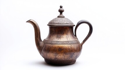 An antique or vintage brass teapot with ornate detailing. Perfect for display in a kitchen or as part of a collection. Adds a touch of history and elegance.
