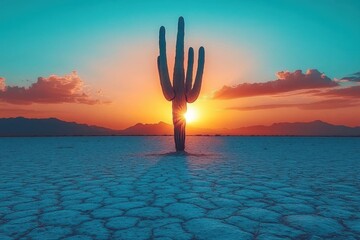 Sunset over a salt flat with a saguaro cactus silhouetted against the vibrant sky.