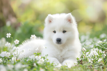 Samoyed Puppy Captured in Beautiful Portrait, Perfect for Adoption into a Loving and Devoted Home, Fluffy White Coat
