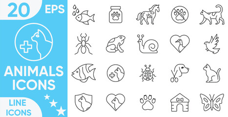 Fototapeta premium Animals line icons set.Line art style icons bundle. Included the icons as dog, cat, animals, bird, fish, and more.Vector and illustrator set.