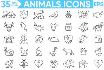 Animals line icons set.Line art style icons bundle. Included the icons as dog, cat, animals, bird, fish, and more.Vector and illustrator set.