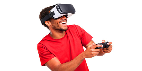 Young smiling man wearing tshirt and virtual reality headset or VR glasses, playing video game, isolated on white background