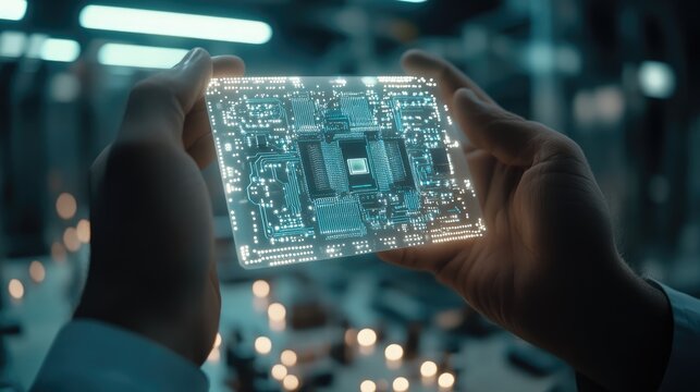 Engineer holding a futuristic white circuit board concept