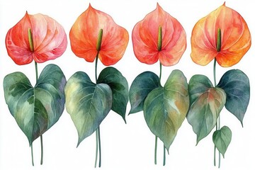 A watercolor illustration of vibrant anthurium flowers with lush green leaves.