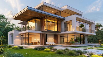 Fototapeta premium Modern house exterior with lawn grass, AI generated image