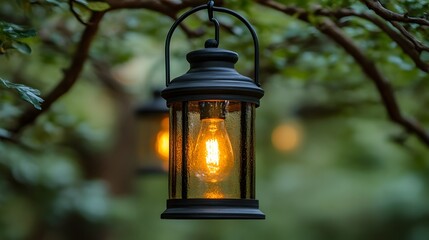 Hanging outdoor lantern with warm light illuminating a garden at dusk.