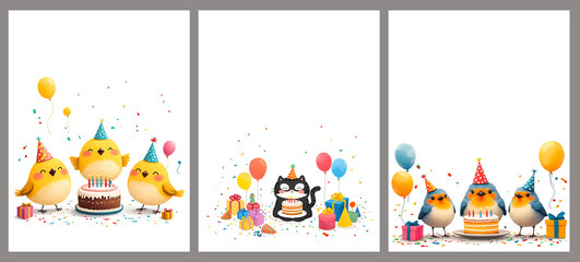 Fototapeta premium The image features three panels of a birthday celebration with cute birds and a cat, all wearing party hats, surrounded by balloons, confetti, and presents.