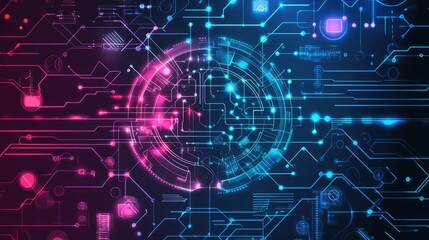 Obraz premium A complex data science interface with glowing AI algorithms and neural networks on a sleek gradient background, leaving space for copy.