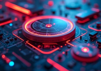 Obraz premium Futuristic circuit board with glowing elements illuminated in red and blue hues