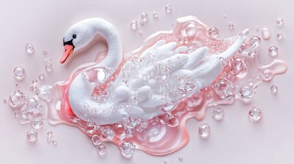 Obraz premium Elegant swan amidst pink bubbles and water droplets
