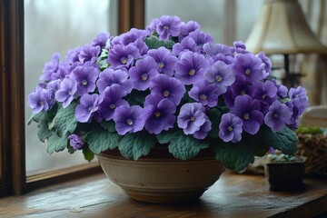 Vibrant purple violets in ceramic pot by sunlit window