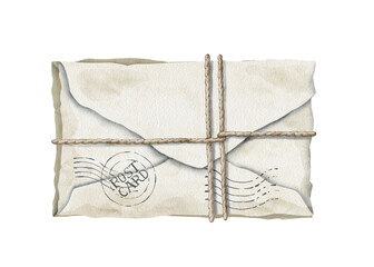 Watercolor illustration of an folded envelope, with stamps and tied with a rope. Ideal for greeting cards, logos, vintage-themed designs related of communication, letters and personal messages. High
