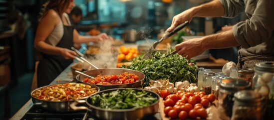 Obraz premium Chef preparing a meal in a kitchen with vegetables, tomatoes, and other ingredients on the counter.