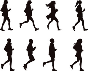 Fototapeta premium People running and jogging silhouettes in different poses and speeds